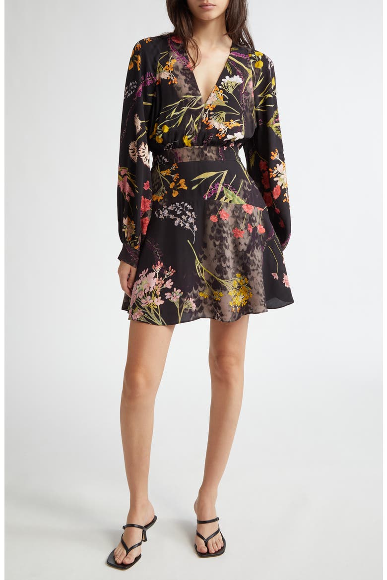 Keira Floral Long Sleeve Minidress, Main, color, BLACK