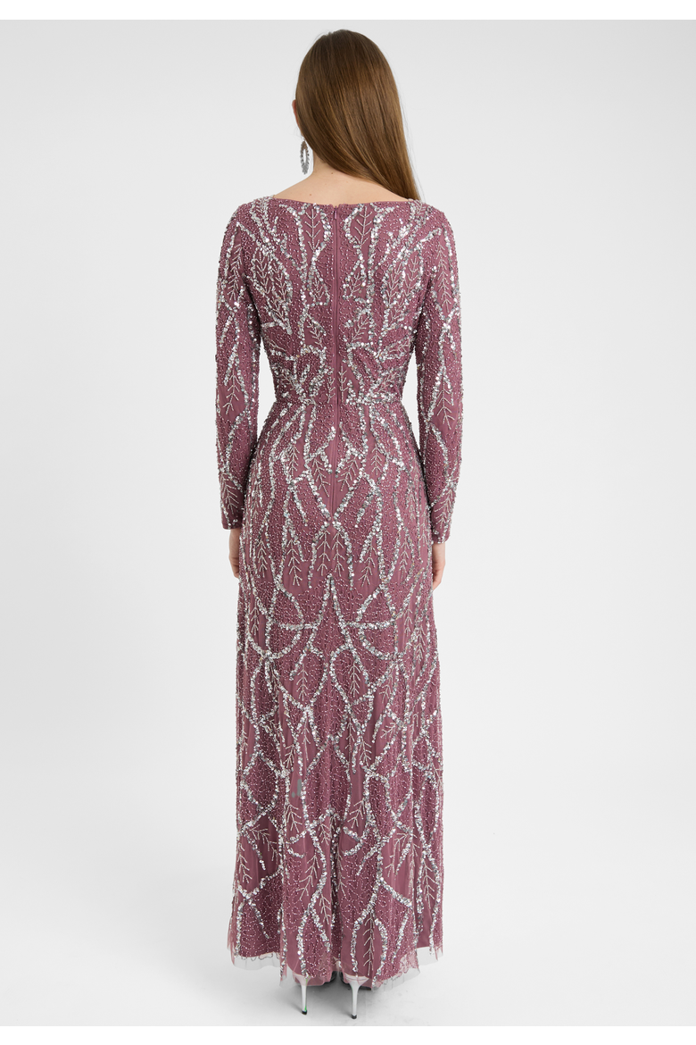 Modest Embellished Sequin Beaded Dress Maxi With A Line Bottom, Alternate, color, MAUVE