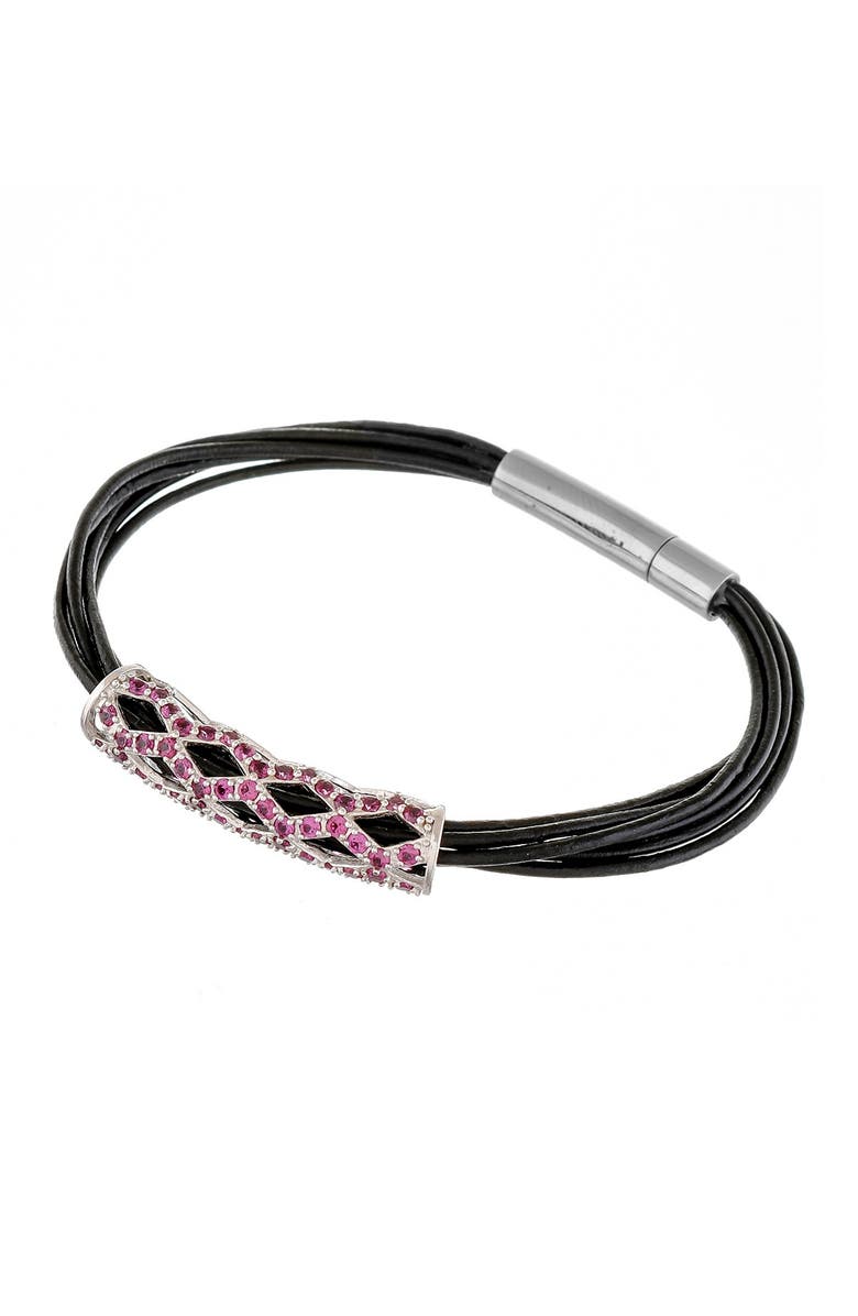 FOREVER CREATIONS USA INC Sterling Silver Pave Rhodolite Multi Strand Leather Bracelet, Alternate, color, 