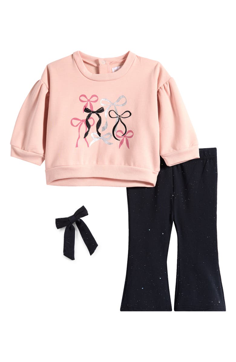 Rachel Zoe Brushed Fleece Top, Pants & Bow Set, Main, color, Open Pink