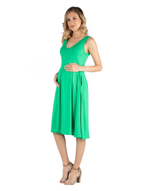 24seven Comfort Apparel Maternity Fit And Flare Sleeveless Midi Dress With Pockets In Green