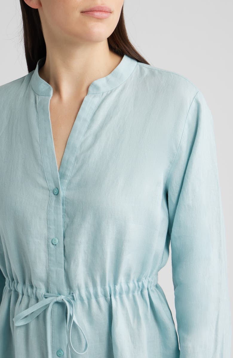 Eileen Fisher Mandarin Collar Long Sleeve Organic Linen Midi Shirtdress, Alternate, color, Breeze