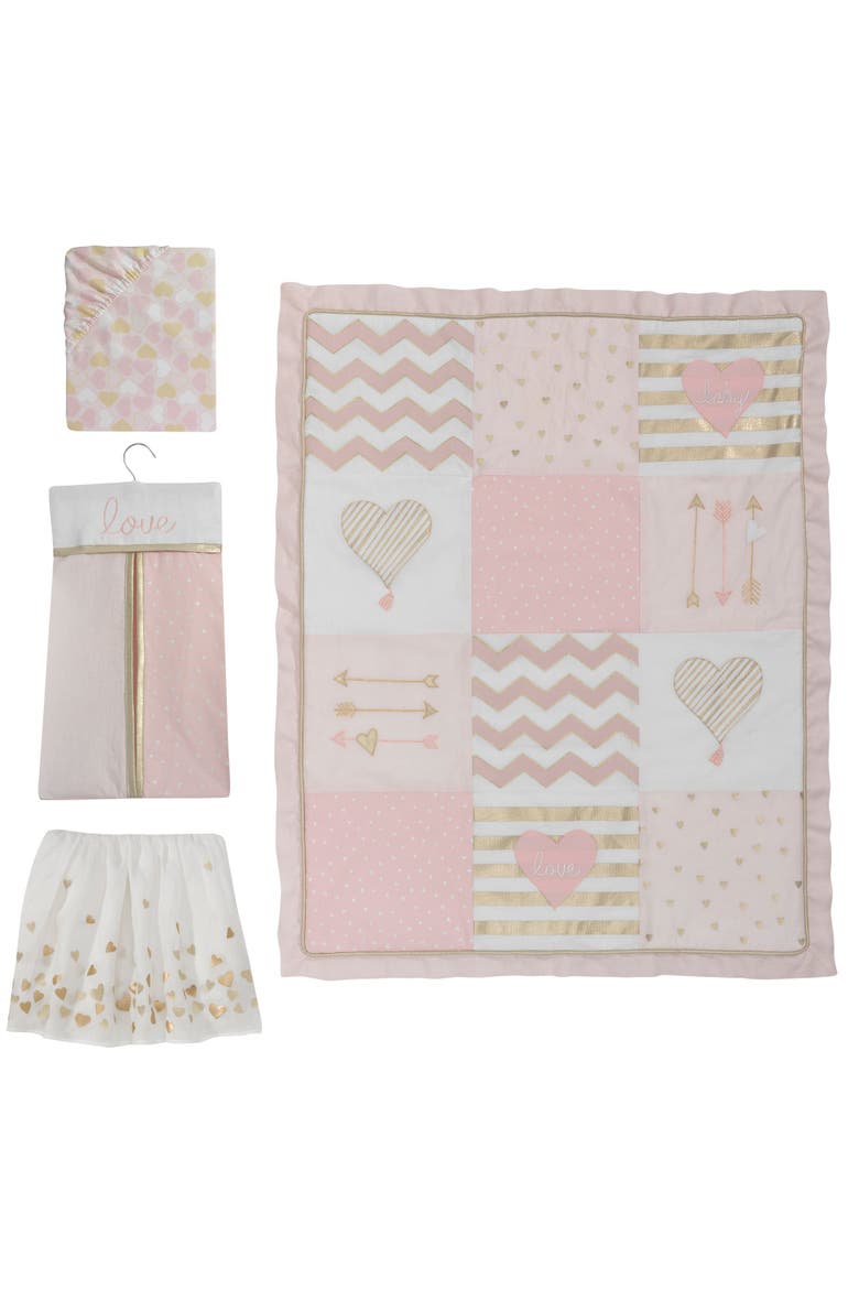 Baby Love Metallic Hearts, Stripes and Chevrons 4-Piece Nursery Crib Bedding Set, Main, color, Pink
