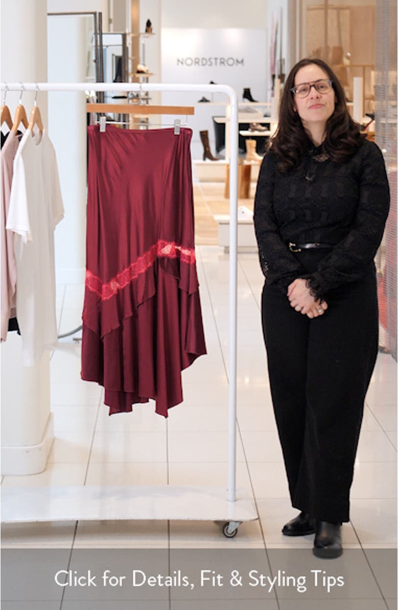 Sylvie Lace Trim Handkerchief Hem Satin Skirt, sales video thumbnail