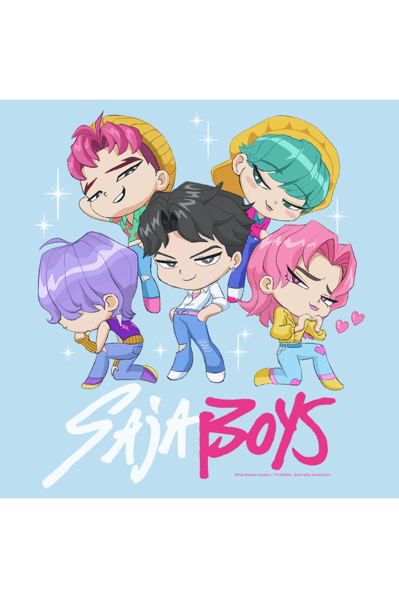 Men's KPop Demon Hunters Saja Boys Chibi Group  Graphic T-Shirt, Alternate, color, Light Blue