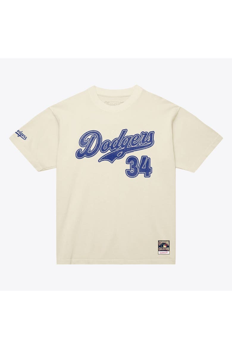 Men's Mitchell & Ness Fernando Valenzuela Cream Los Angeles Dodgers Cooperstown Collection Throwback Name & Number T-Shirt, Main, color, Cream