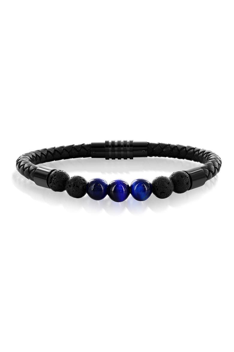 Men's Blue Tiger's Eye & Lava Stone Beaded Leather Bracelet, Main, color, BLUE TIGER EYE