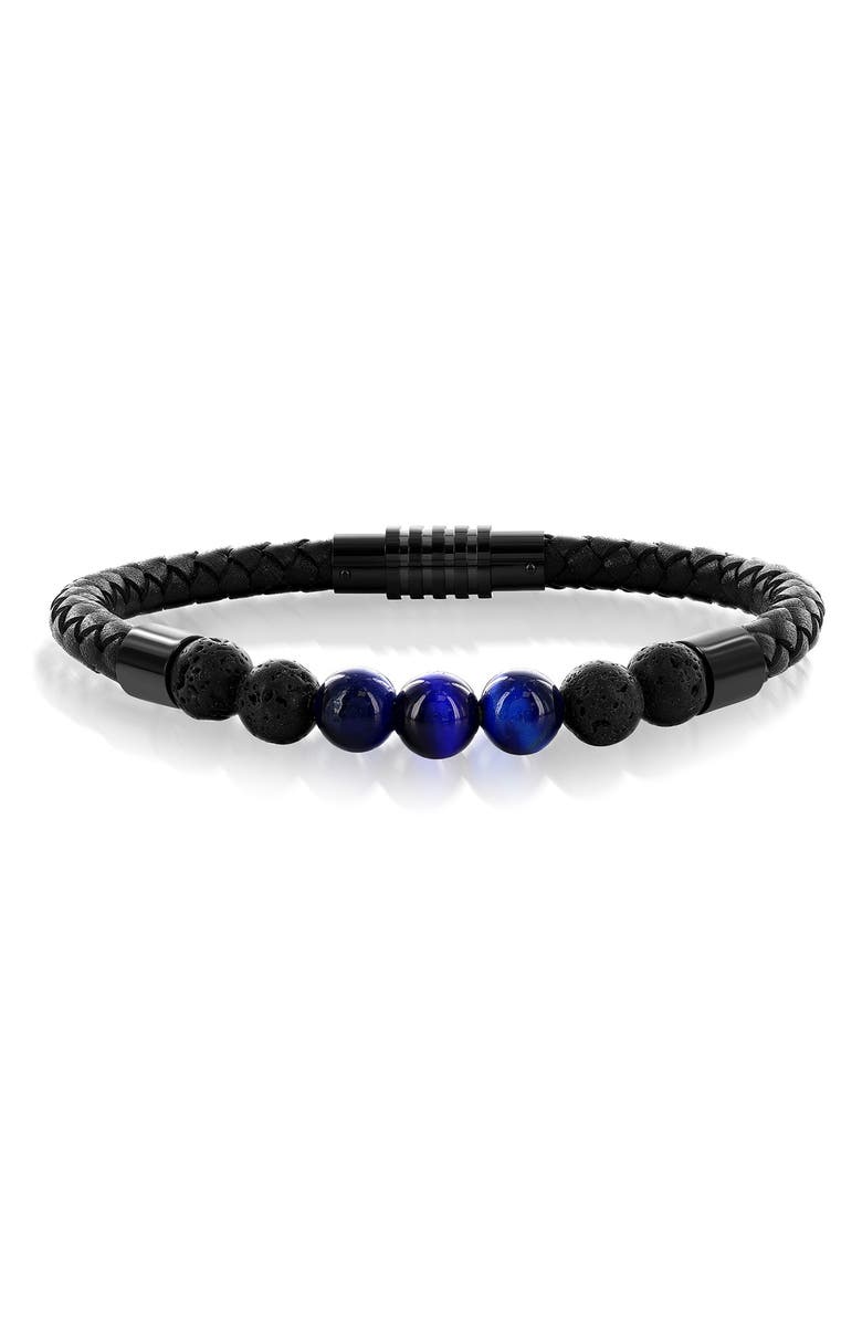 BLACKJACK Men's Blue Tiger's Eye & Lava Stone Beaded Leather Bracelet, Main, color, Blue Tiger Eye