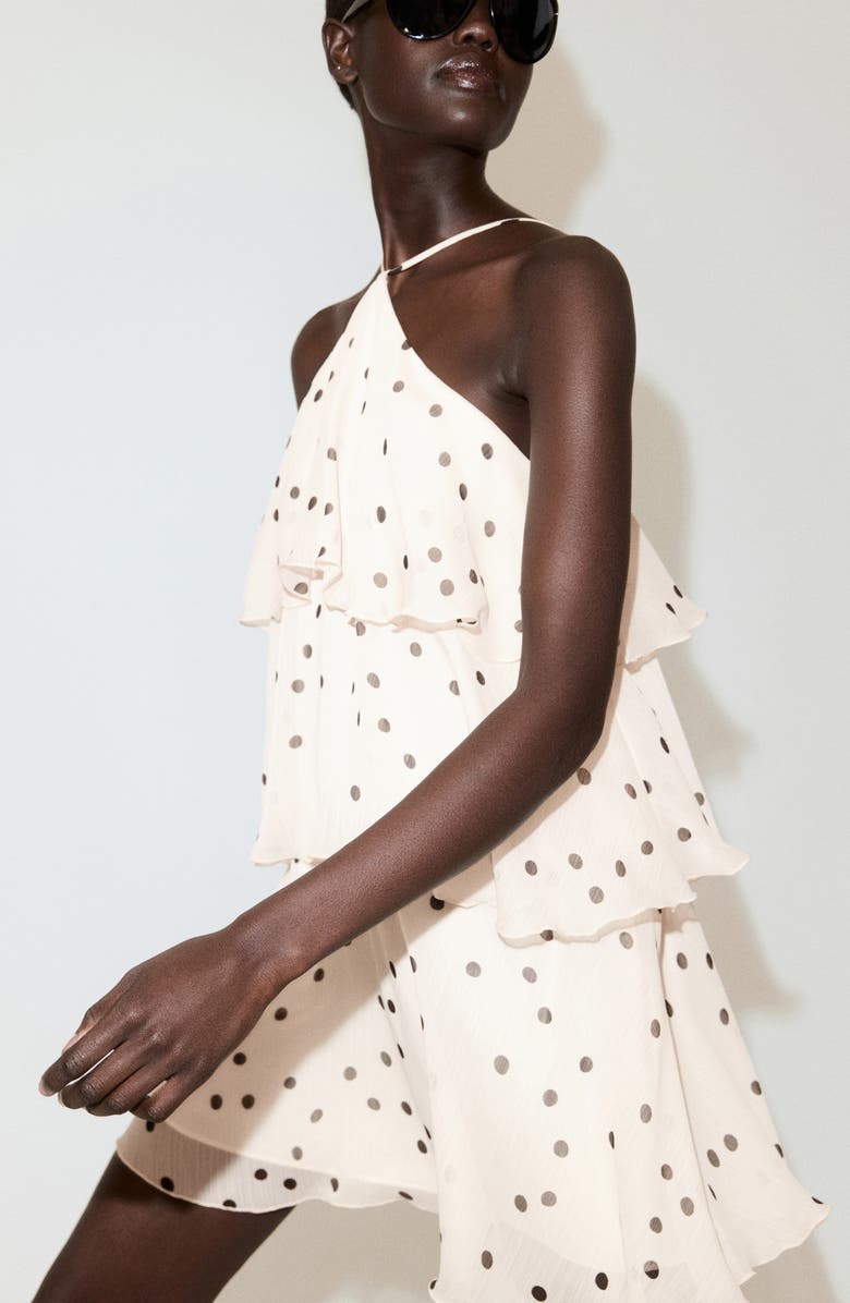 MANGO Polka Dot Crinkle Tiered Minidress, Alternate, color, Ecru