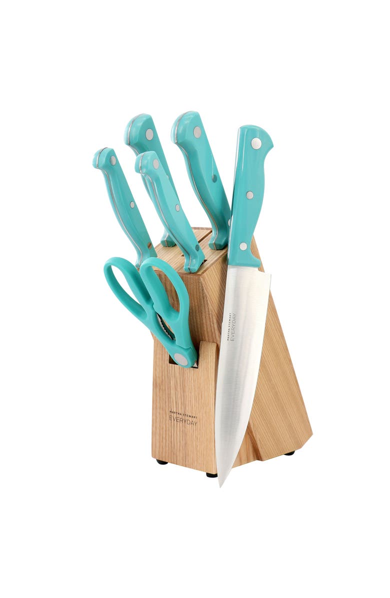 Martha Stewart Everyday Keswick 7 Piece Stainless Steel Cutlery and Wood Block Set, Main, color, Teal