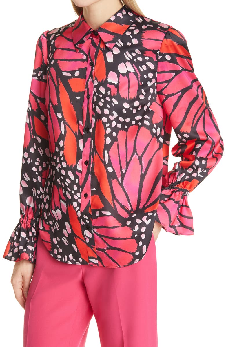 Milly Lacey Butterfly Satin Button-Up Blouse, Alternate, color, 