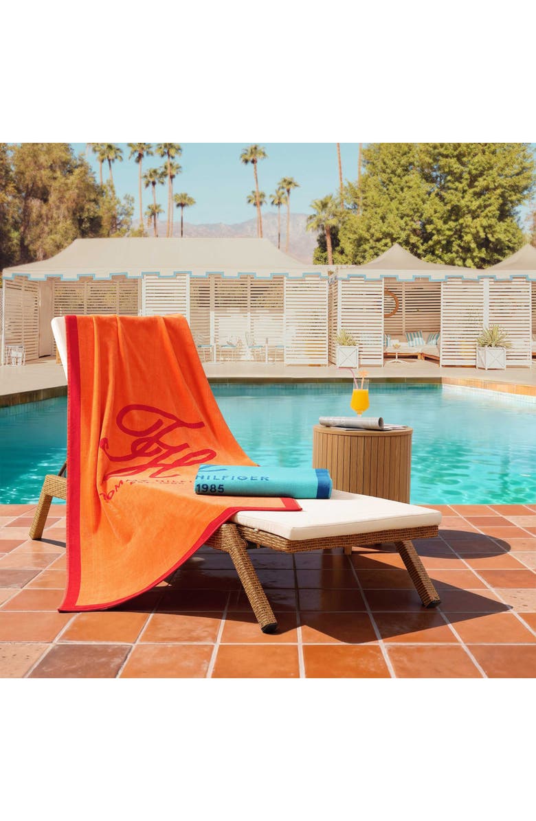 Tommy Hilfiger Colorblock Monogram Beach Towel, Alternate, color, Orange/ Cherry