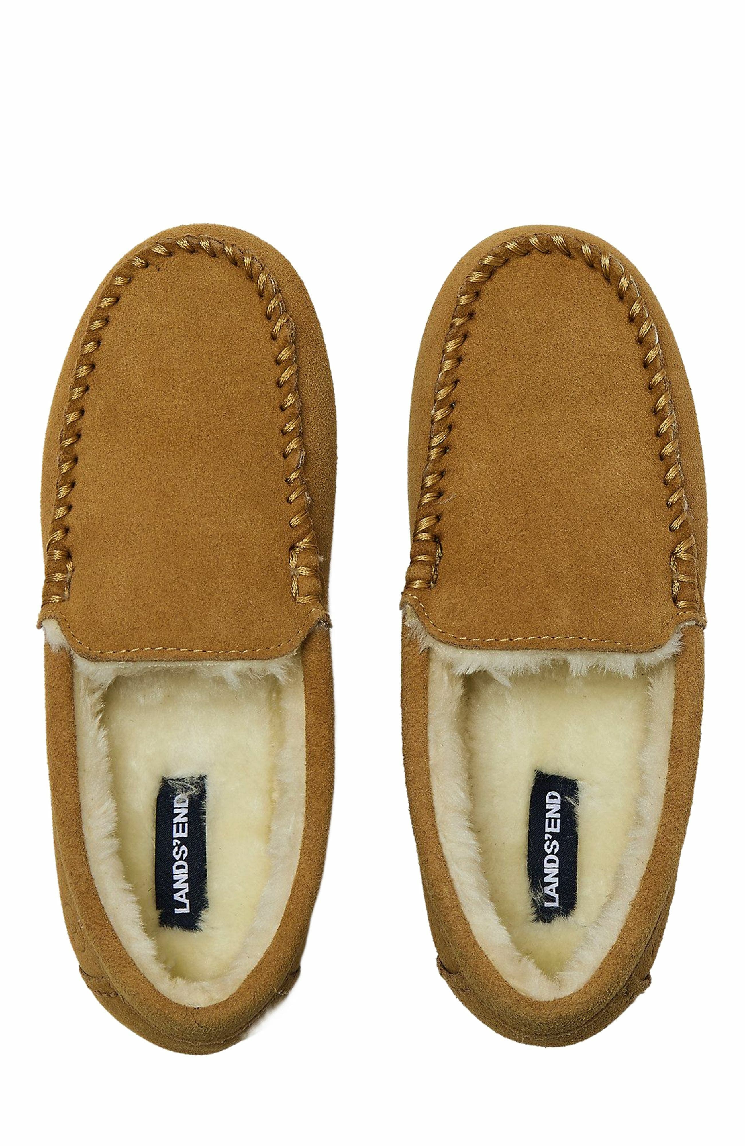 Lands' End Fuzzy Lined Suede Moccasin Slippers, Main, color, English Tan Suede