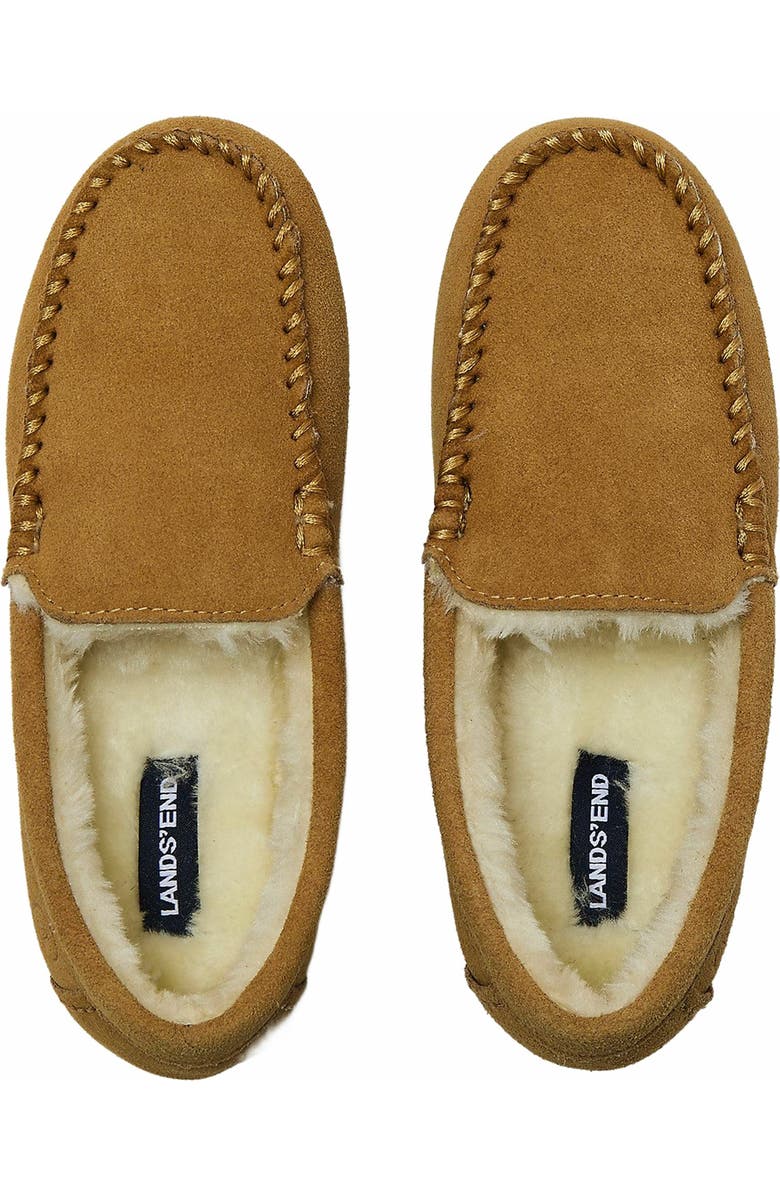 Lands' End Fuzzy Lined Suede Moccasin Slippers, Main, color, English Tan Suede