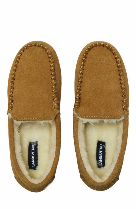 Fuzzy Lined Suede Moccasin Slippers