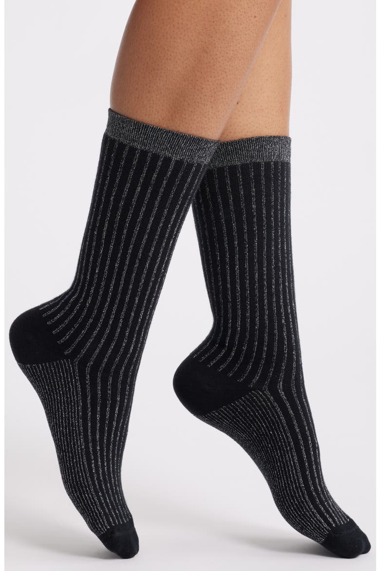 Sparkle Stripe Crew Socks, Main, color, BLACK