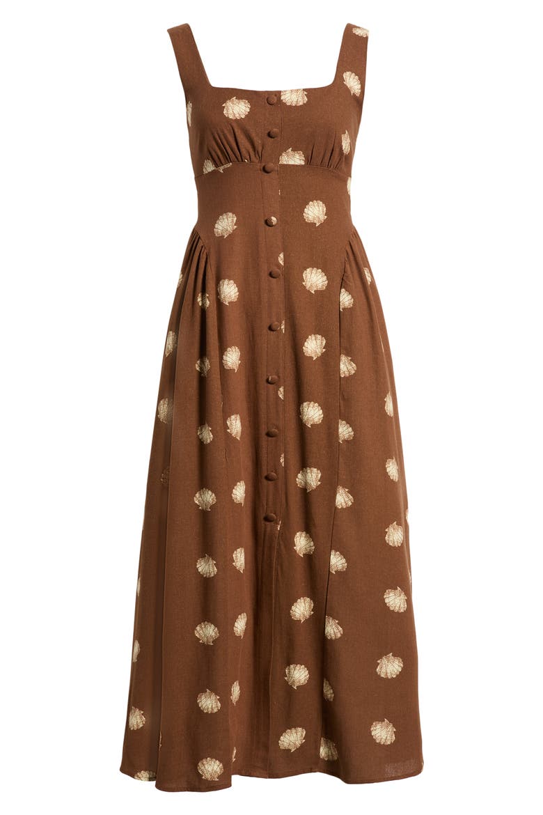 Seashell Print Midi Dress, Alternate, color, BROWN