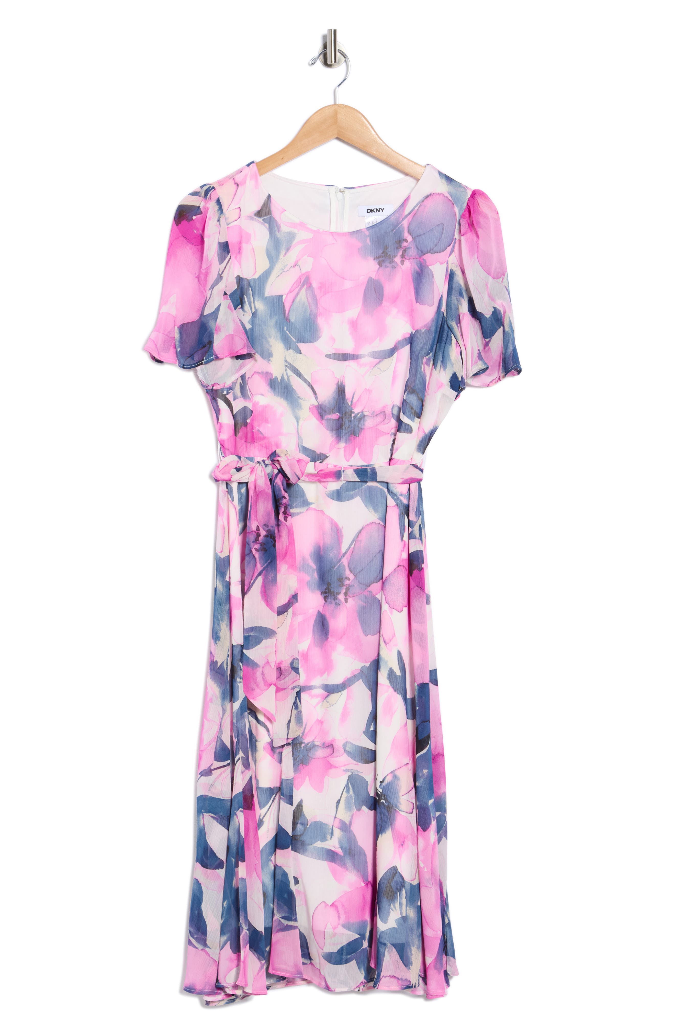 DKNY Floral Short Sleeve Godet Chiffon Midi Dress