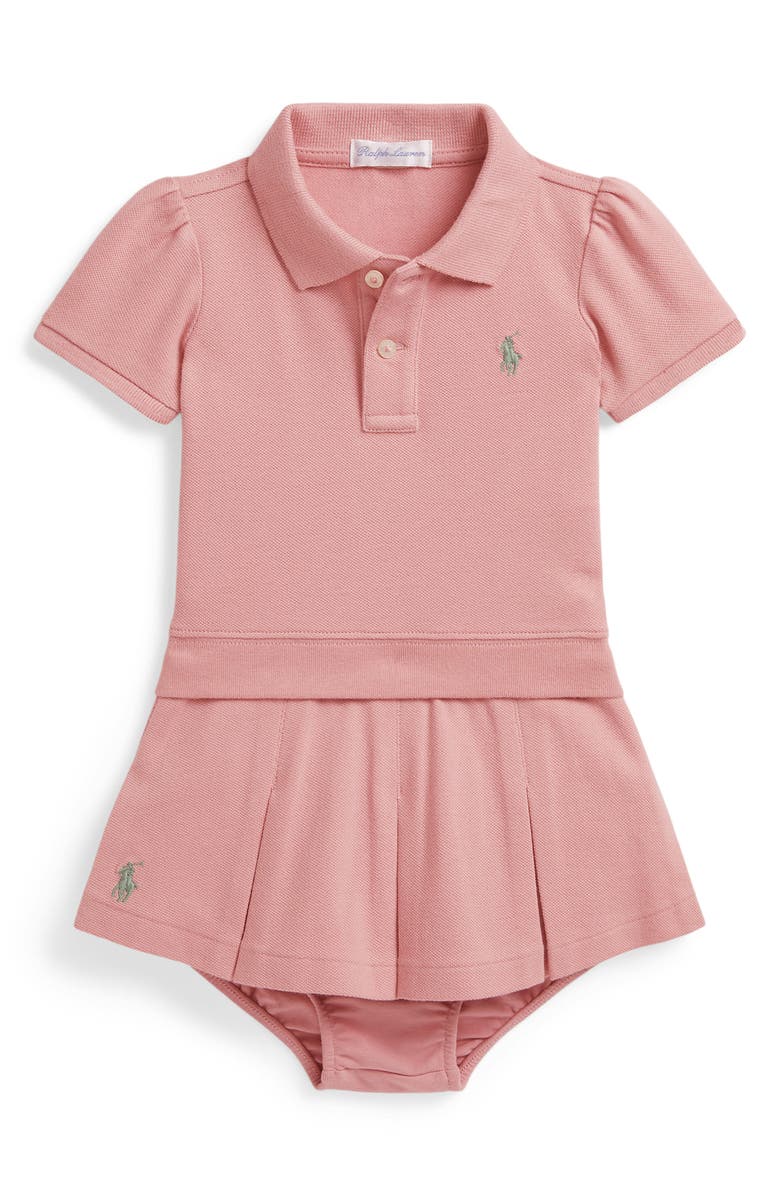 Ralph Lauren Stretch Mesh Polo Shirt, Skirt & Bloomers Set, Main, color, Adirondack Rose