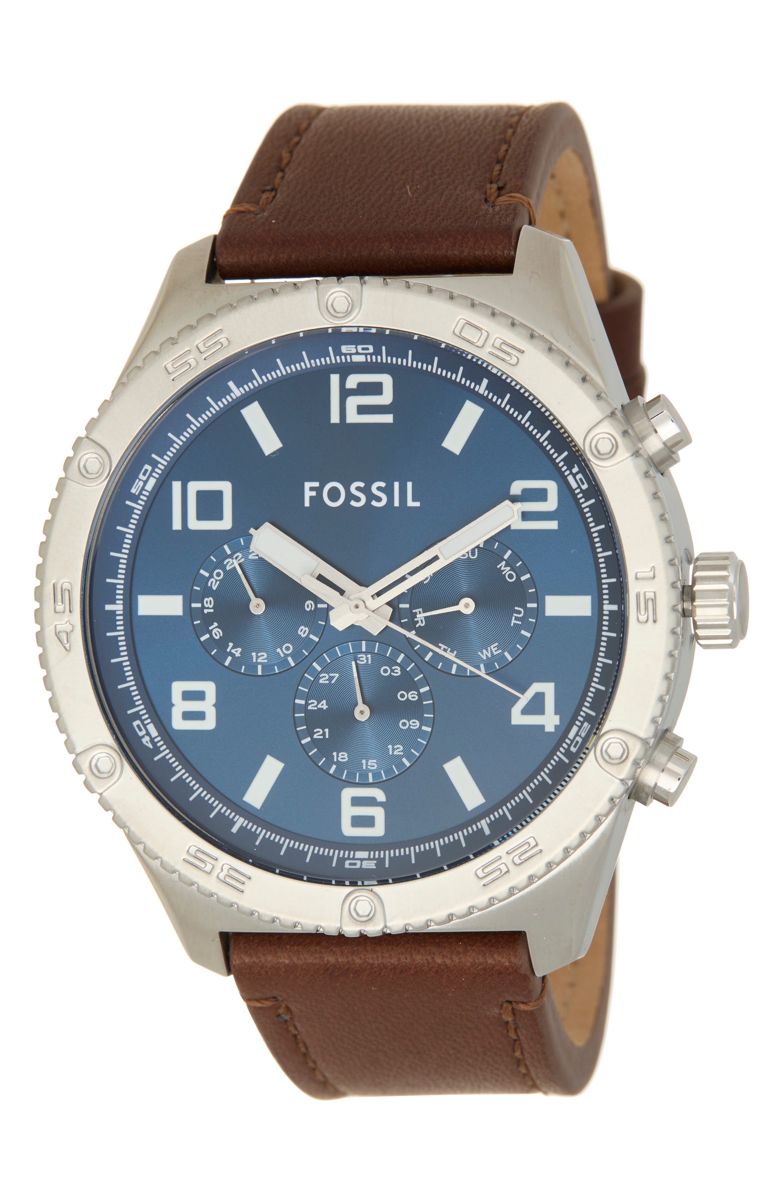 Fossil Brox Multifunction Leather Strap Watch, 50mm