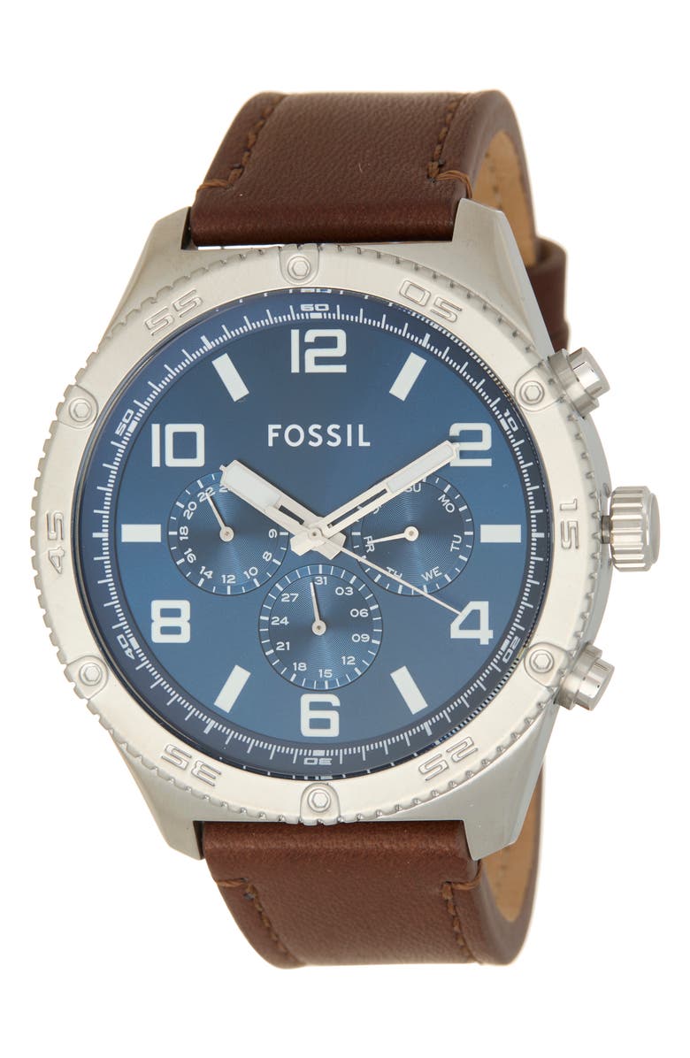 Fossil Brox Multifunction Leather Strap Watch, 50mm, Main, color, Silver