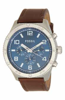 Fossil Brox Multifunction Leather Strap Watch, 50mm