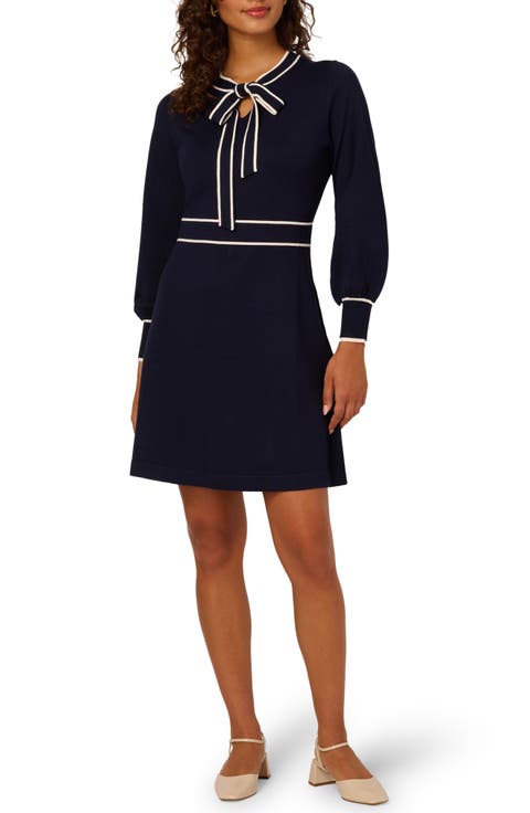 Tie Neck Long Sleeve Fit & Flare Sweater Dress
