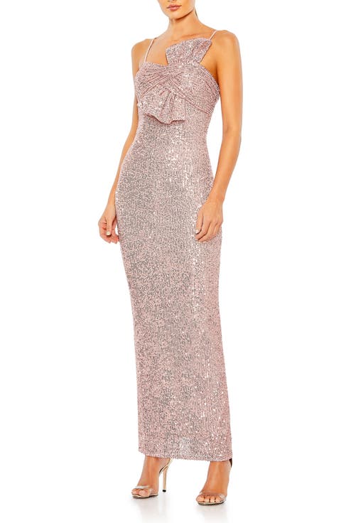 Sequined Strappless Faux Bow Column Gown