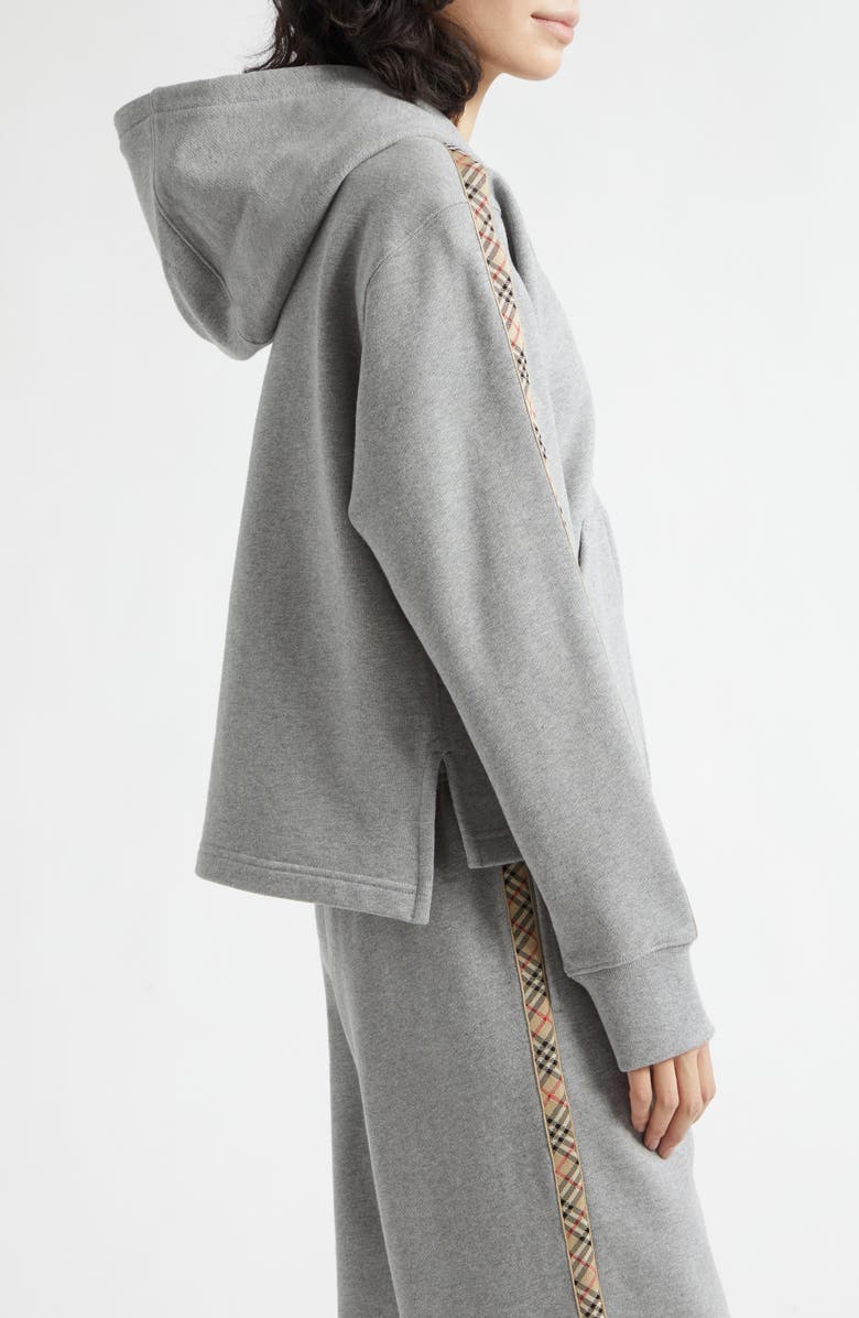 Burberry Harper Check Tape French Terry Full Zip Hoodie, Alternate, color, Pale Grey Melange