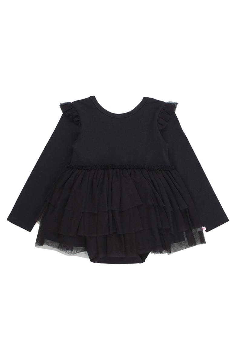 RuffleButts Baby Girls Flutter Tulle Long Sleeve Twirl Romper, Main, color, Black