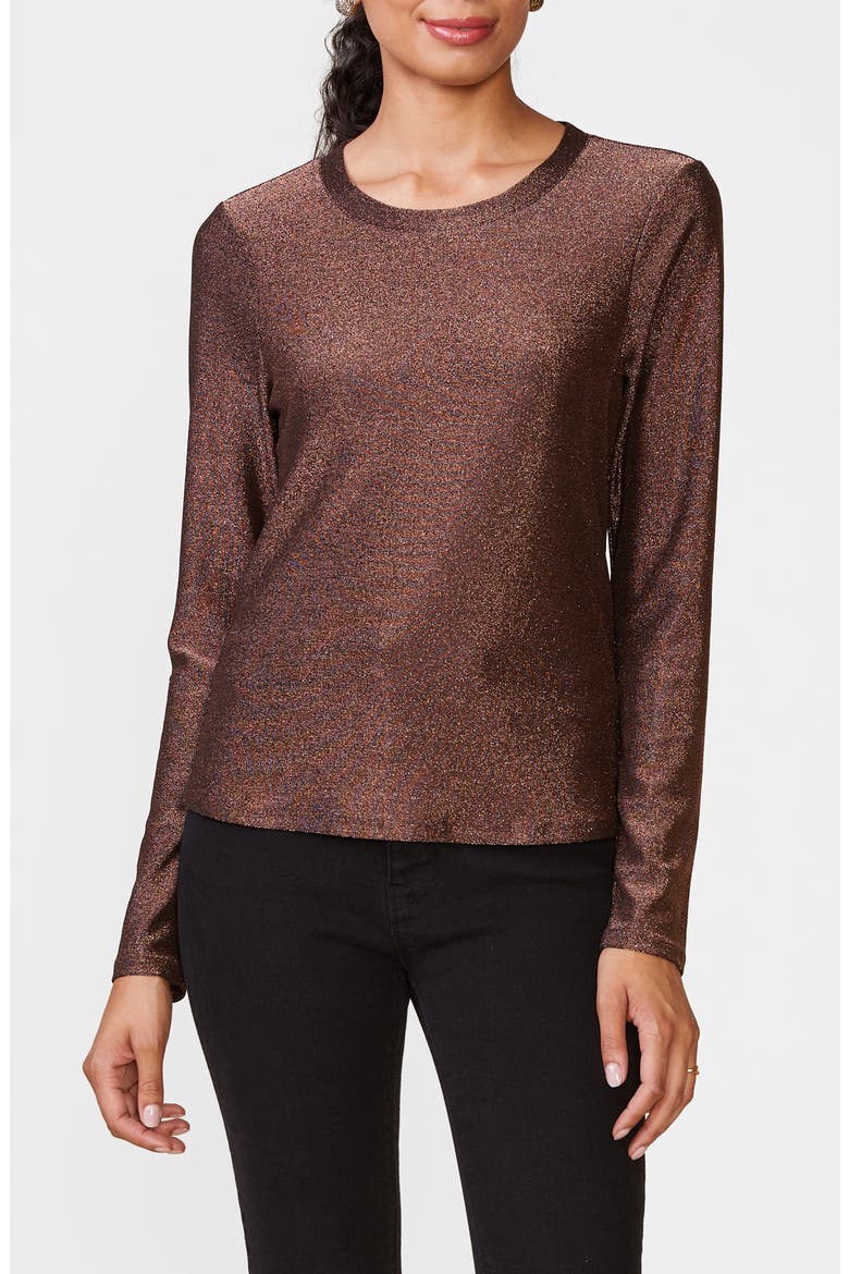 Glitter Fitted Crewneck Long Sleeve Top, Main, color, COPPER