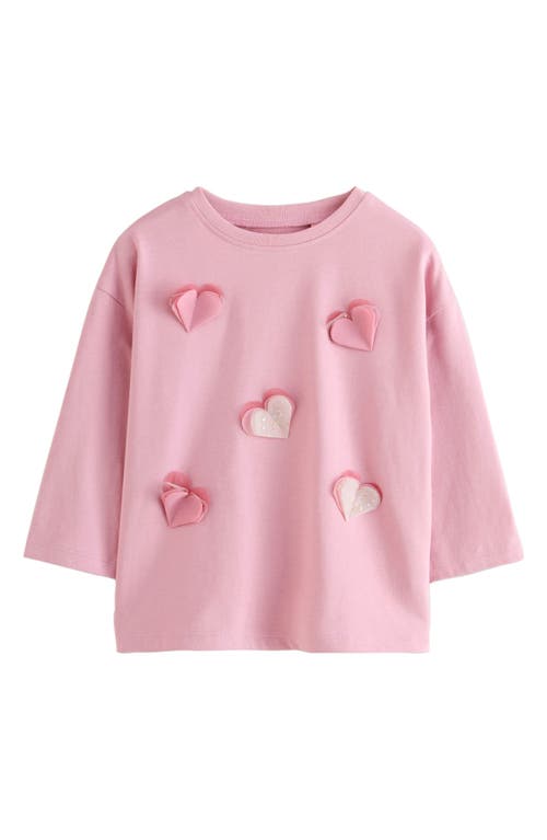 Next Kids' Sparkle Heart Appliqué Long Sleeve Cotton Graphic T-shirt In Pink