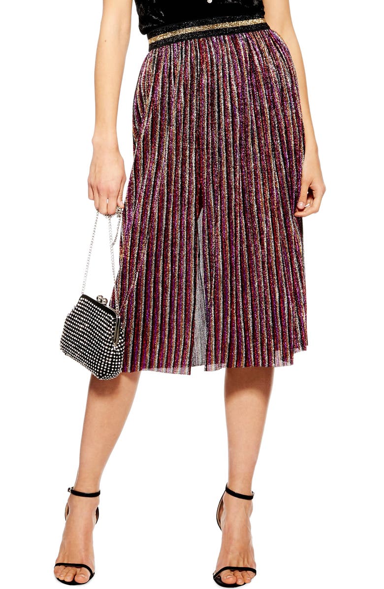 Topshop Metallic Plissé Midi Skirt, Main, color,