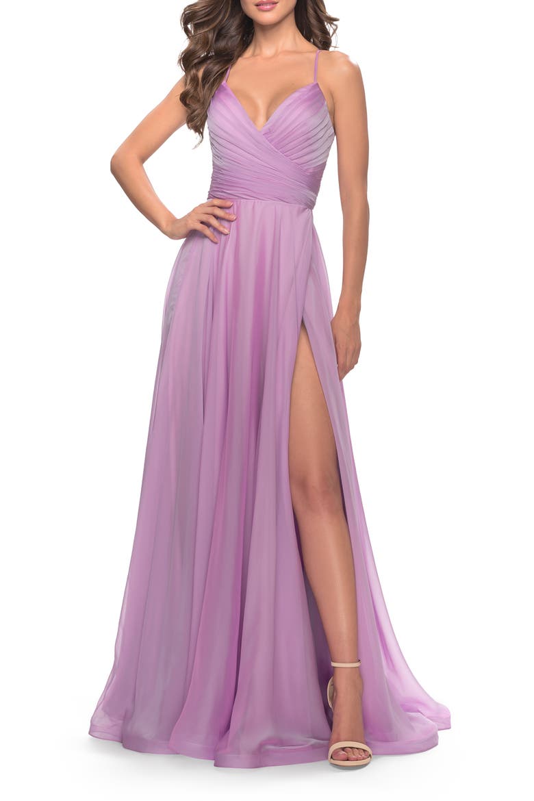 Chiffon Prom Dress with Ruched Bodice and Slit, Main, color, Lavender