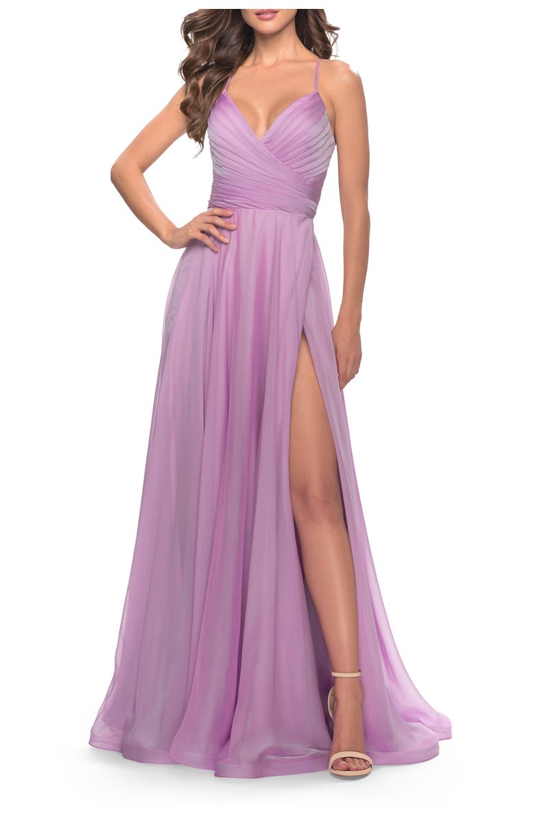 La Femme Chiffon Prom Dress with Ruched Bodice and Slit, Main, color, Lavender