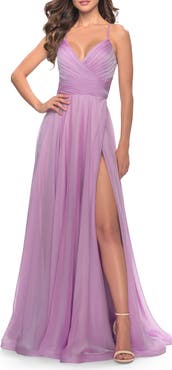 La Femme Chiffon Prom Dress with Ruched Bodice and Slit