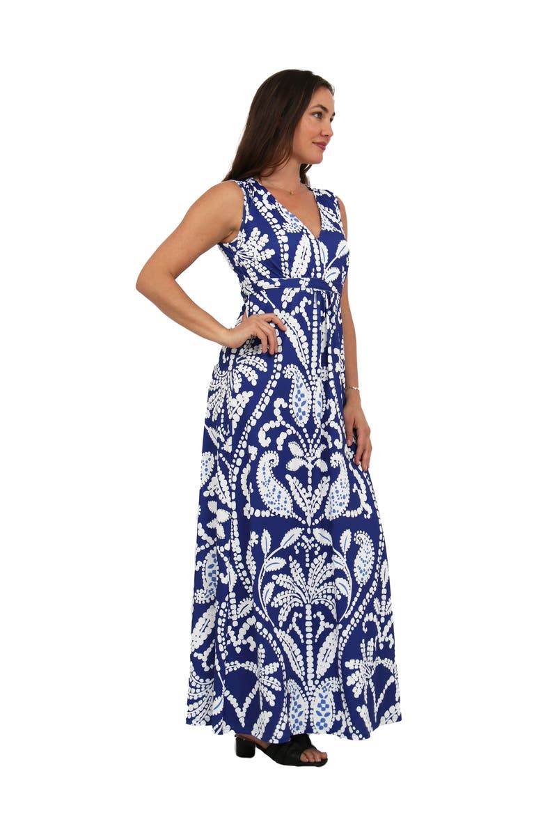 24seven Comfort Apparel Womens Essential Abstract Print V-Neck Sleeveless Tie Back Empire Waist Maxi Dress, Alternate, color, Blue Multi