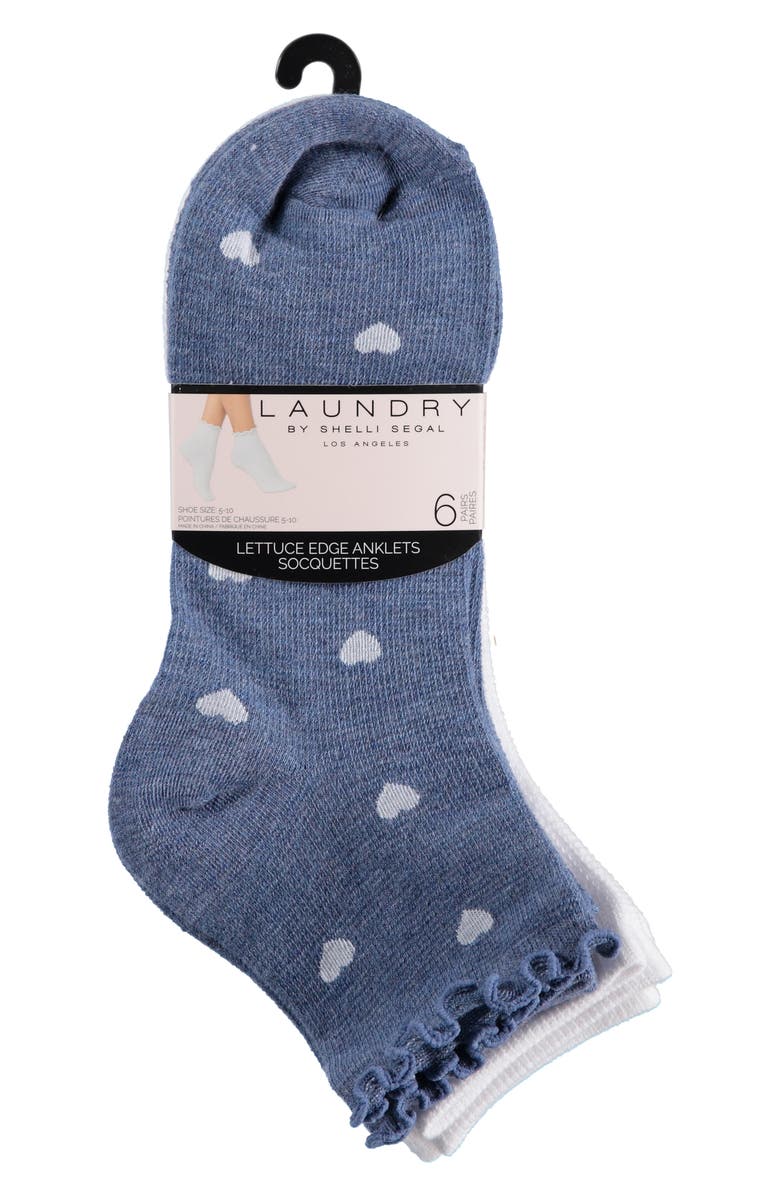 Laundry by Shelli Segal 6-Pack Assorted Lettuce Edge Anklet Socks, Alternate, color, Denim Heather/ White