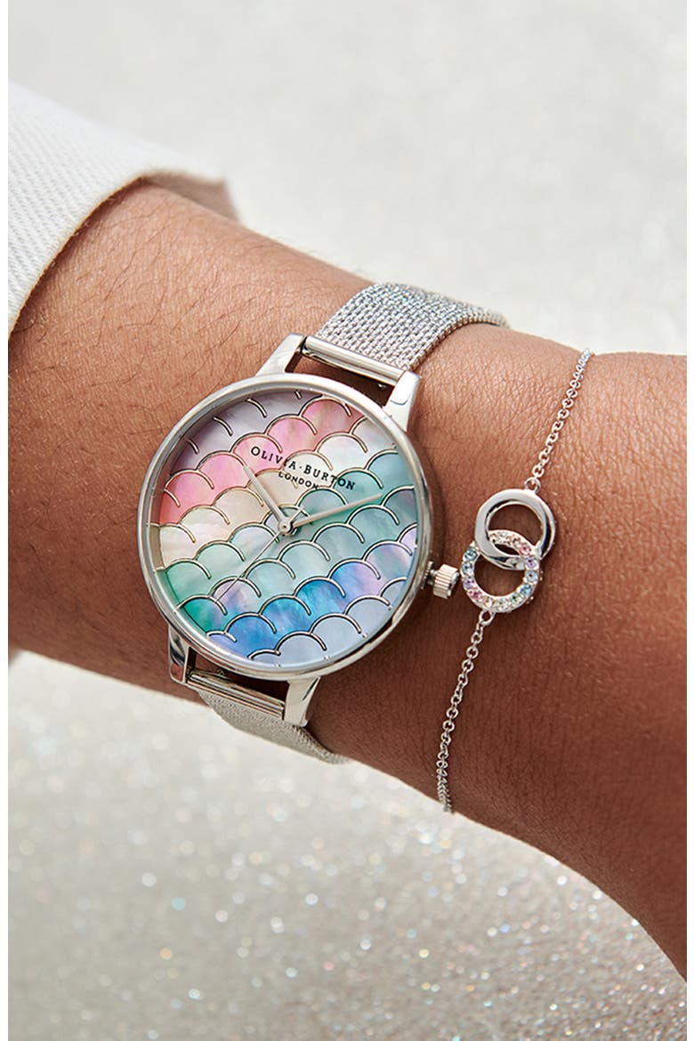 Under the Sea Mermaid Tail Bouclé Mesh Watch, 34mm, Alternate, color, SILVER/ MULTI/ SILVER