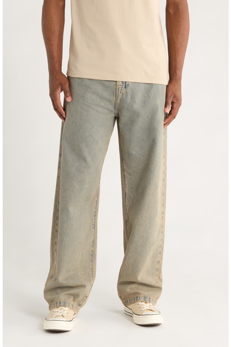 Landon Wide Leg Jeans, Main, color, BLUE / LEATHER (GARMENT DYED)