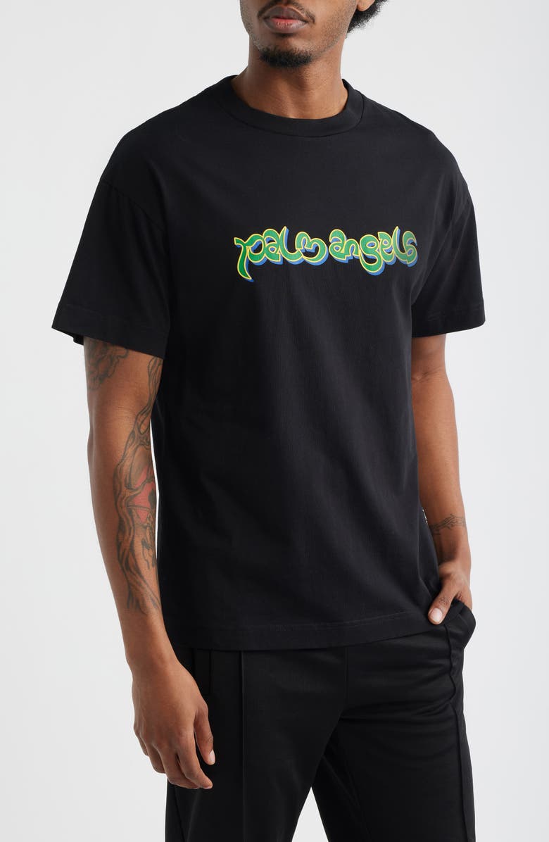 Palm Angels Thai Logo Cotton Graphic T-Shirt, Main, color, Black Green