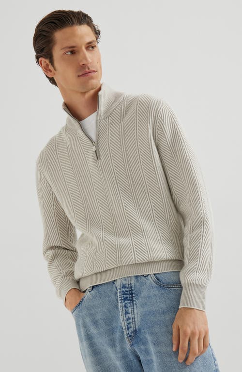Brunello Cucinelli Herringbone Half-zip Sweater In Neutral