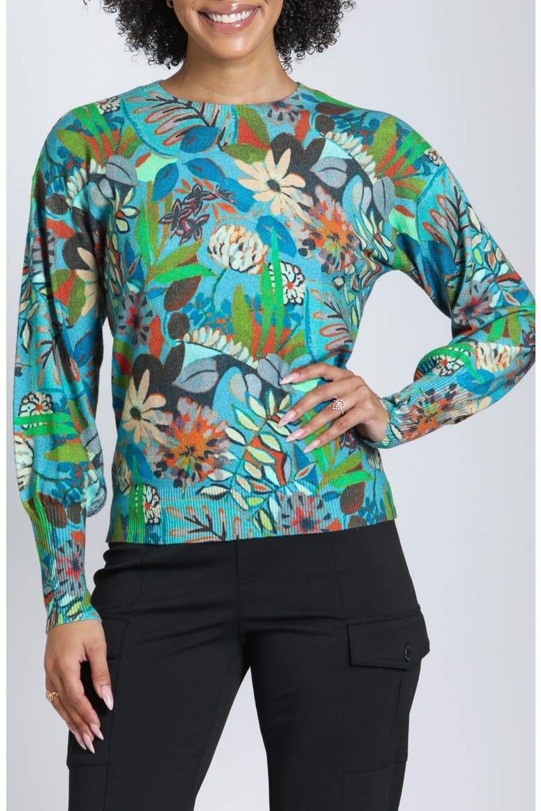 Harvest Wildflower Botanical Crewneck Sweater, Main, color, TEAL/TOASTED AMBER