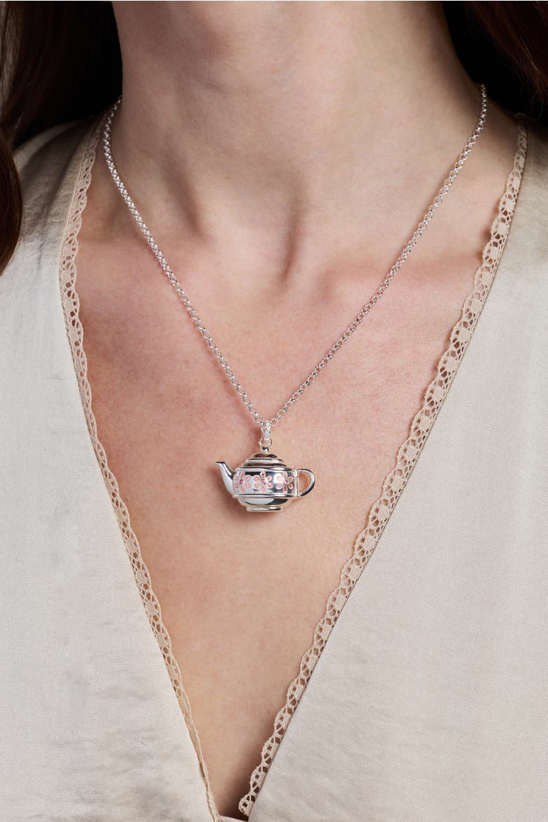 Floral Teapot Locket Pendant Necklace, Alternate, color, Silver