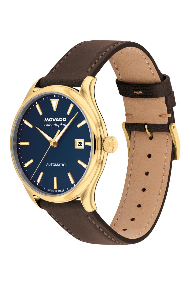 Calendoplan Automatic Leather Strap Watch, 40mm, Alternate, color, BLUE