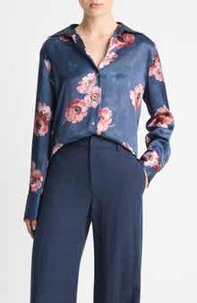 Vince Painted Poppy Silk Button-Up Shirt