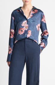 Vince Painted Poppy Silk Button-Up Shirt