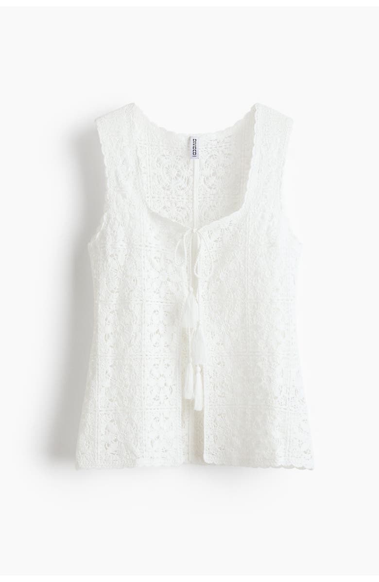 H&M Tie-front Pointelle-knit Top, Main, color, Cream