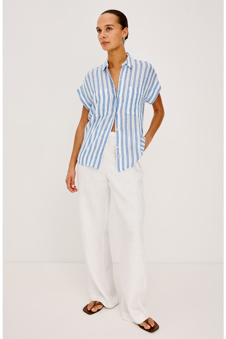 Cito Stripe Short Sleeve Linen Blend Button-Up Shirt, Alternate, color, ATLANTIS STRIPE