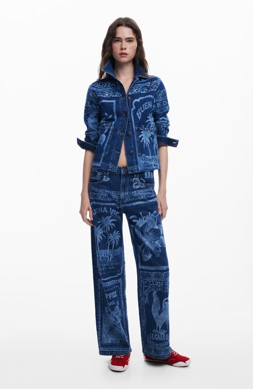 Desigual Print Wide Leg Jeans In Blue